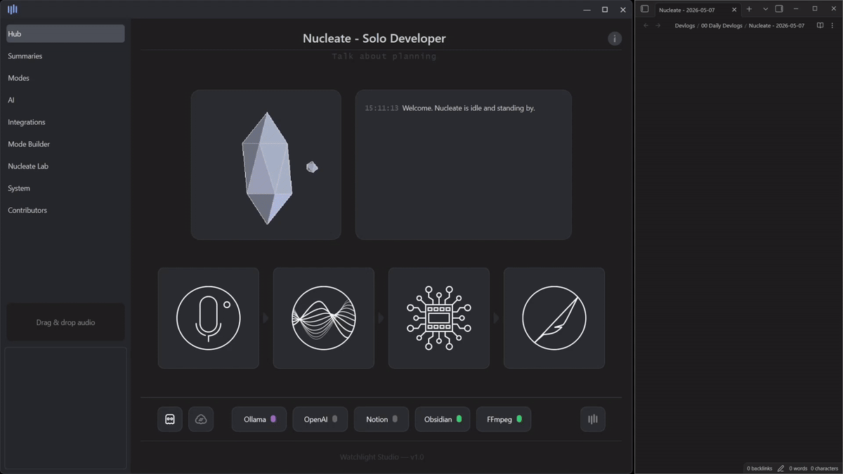 Nucleate hub with Obsidian markdown preview showing automated output